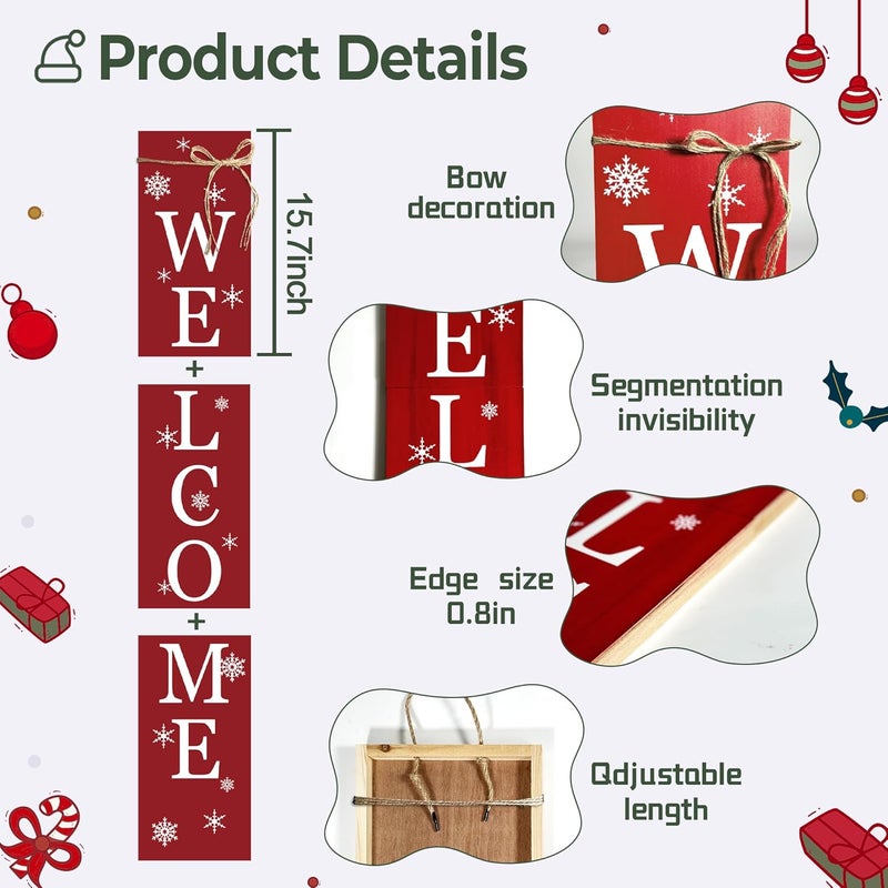 Seimip Christmas Porch Sign Welcome Sign For Front Porch Snowflake Red Home Decor Indoor Outdoor Wintern Wooden Vertical Sign For Patio Front Door Porch Wall Yard Outdoor - Image 4